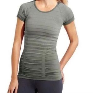 ATHLETA Fastest Track Shirt Tee Olive Green Stripe 213911 RUCHED WOMEN’S SZ M